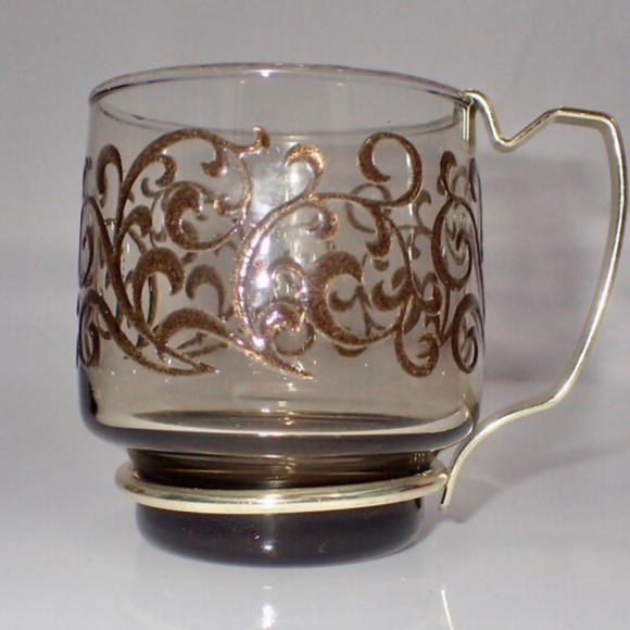 Vintage Hot Toddy/Punch Glasses Set of 4 Brass Handle Painted Scroll Design MCM - Picture 5 of 7